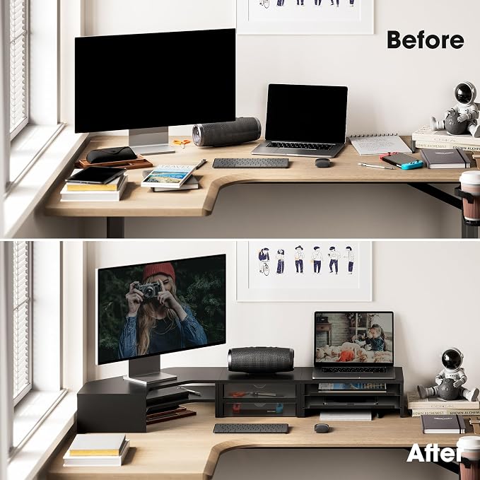 Fenge Dual Monitor Stand, Corner Desk Shelf with Drawer & Slide-Out Tray | Modular Design for Flexible Layouts, 2-Tier Storage Desktop Organizer for Computer, Laptop, Printer and Telephone