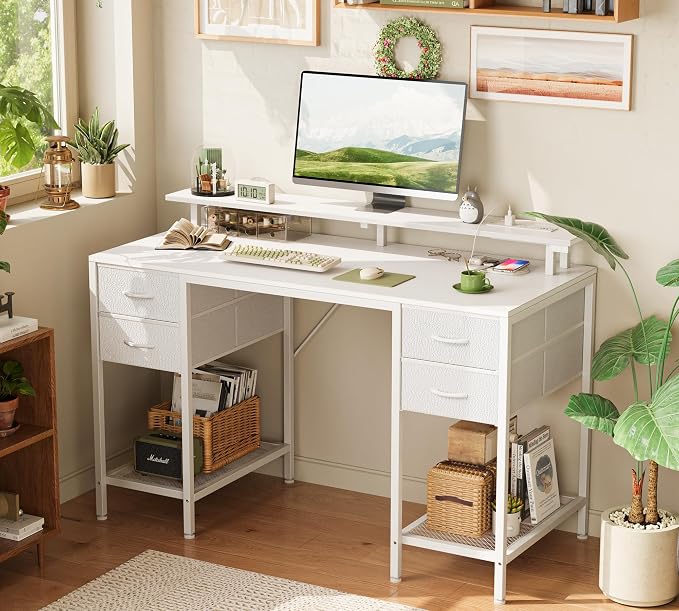 Huuger 47 inch Computer Desk with Power Outlets & 4 Drawers | Gaming Desk with LED Lights, Home Office Desk with Large Storage Space for Bedroom, Work from Home, White