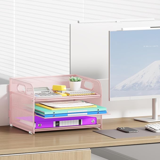 Cawukege 3 Tier Paper Organizer with Handle, Metal Desk Organizer Mesh Paper Letter Tray Desktop File Folder Document Sorter for Classroom, School, Office Accessories Storage (1, Pink)