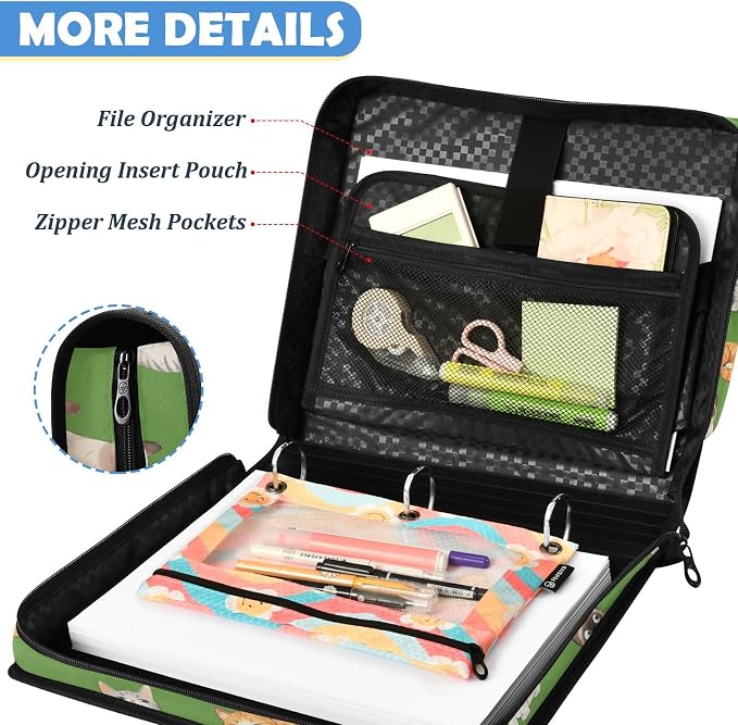 Cat Print Zipper Binder File Organizer Bag 3 D-Ring | with Shoulder Strap, Holds 500 Sheets & 14in Laptop, 3 Ring Binder for Office Supplies