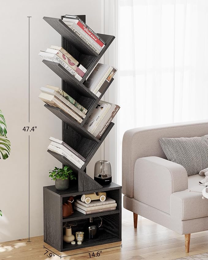 SUNMORY 6 Tier Tree Bookshelf, Tall Small Bookcase with Storage Cabinet | Modern Narrow Bookshelves Organizer, Floor Standing Book Case Shelf for Bedroom Living Room Home Office Corner, Black