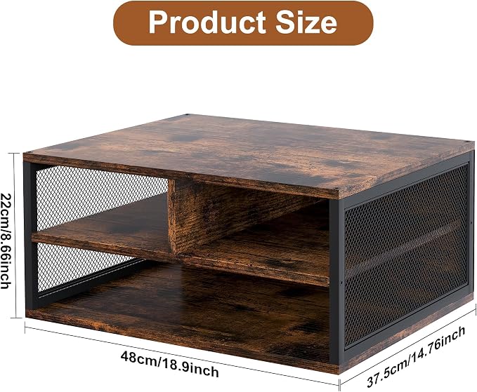 TQVAI Wood Desktop Printer Stand for Countertop, Built-in Shelves for Paper, Ink Cartridges, Supplies, 2 Tier Multi-Functional Printer Organizer for Home Office with Metal Frame，Antique Brown