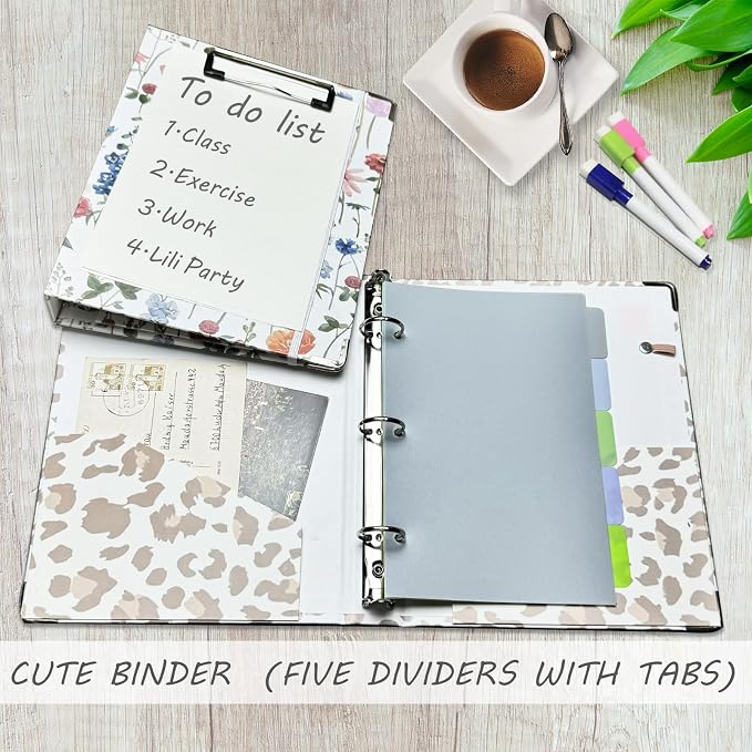 Mini 3 Ring Binder 1 Inch for 5.5"x8.5" Paper, Cute Small Three Ring Binders with Clipboard,5-Tab Dividers, Interior Pocket, Spine ID Label Holder, BVSSX A5 Binder with Pen Holder,Leopard