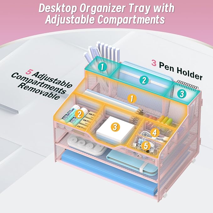 3 Tier Mesh Paper Desk Organizer with Pen Holders, Pink | Features 3 pen holders, and 5 adjustable compartments for office school home desk storage