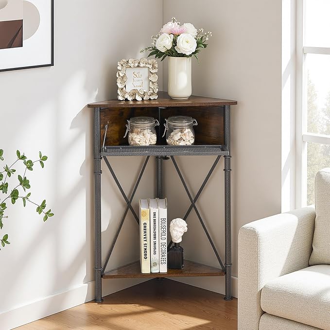 VECELO Cabinet/Table, 3-Tier Display Shelves with Protection Door, Metal Frame Storage Shelf Organizer for Small Space, Living Room, Kitchen, Bathroom, Set of 1, Brown+Black