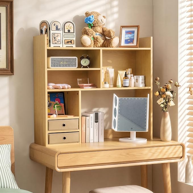 deli Desktop Bookshelf, High-Capacity Desk Hutch Organizer, Natural | with 7 Shelves and 2 Drawers for Computer Desk, Desk Shelf Organizer for Dorm Office Home