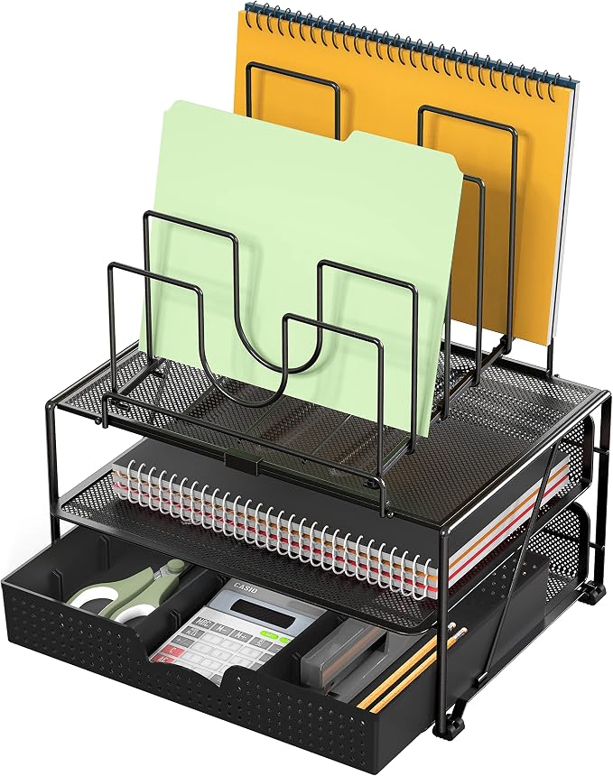 Deco Brothers Desktop File Organizer with Double Tray and 5 Folder Stand | Sliding Drawer with Adjustable Dividers, Black