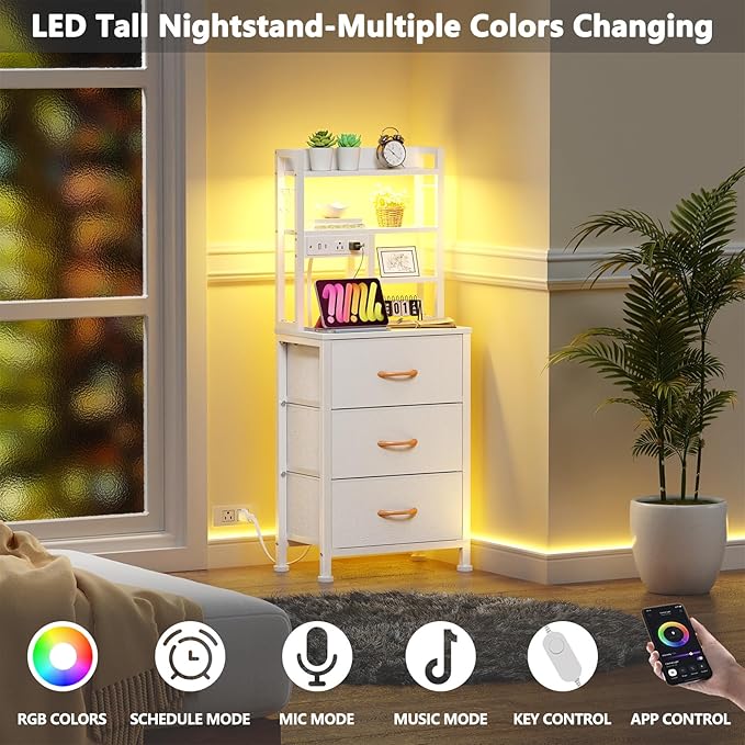Tall Nightstand, White Night Stand & Bedside Table for Bedroom | LED Lights & USB Ports & type-C, 3 PVC Fabric Drawers and 4-Tier Storage Shelf, Bedside Table for Bedroom, Dorm