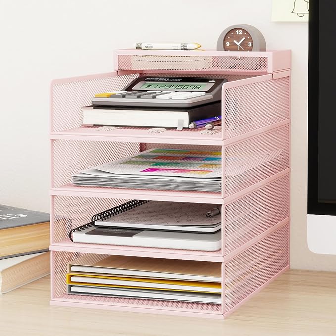 Natwind 4-Tier Stackable Metal Mesh Letter Paper Tray Organizer,Pink | Desk Organizer For Paper,Document,Mail Tray For Office Supplies,File Holder For Home Office School Classroom Organization