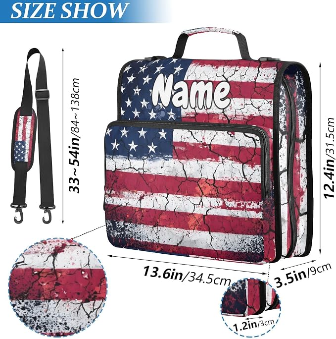 Custom Retro American Flag 3 Ring Binder Bag 1.5 inch Personalized Name Binder Organizer 500 Sheet Documents Storage for School Office