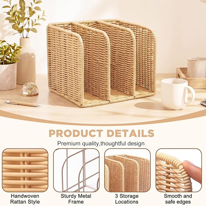 Novabright Synthetic Rattan File Magazine Holder Desk Organizer, 3 Vertical Compartments Workspace Sorters for Magazines, Binders, Notebooks, Envelopes