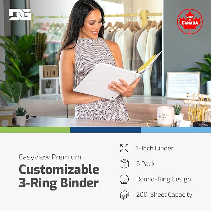 Easyview Premium 3-Ring Binders with Clear-View Covers and Round Rings, Binders for School or Office, 1 Inch, Pack of 6, White