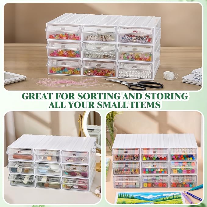 9 Pcs Stacking Office Drawer Organizers - Desktop & Wall Mounted 9 Drawer Storage Closet with 18pcs Clear Dividers Multifunctional Organizer Rack with 9pcs Tag Card for Home Small Items | Track to Lock into Each Other, Stackable without Slipping, 8.7"D...