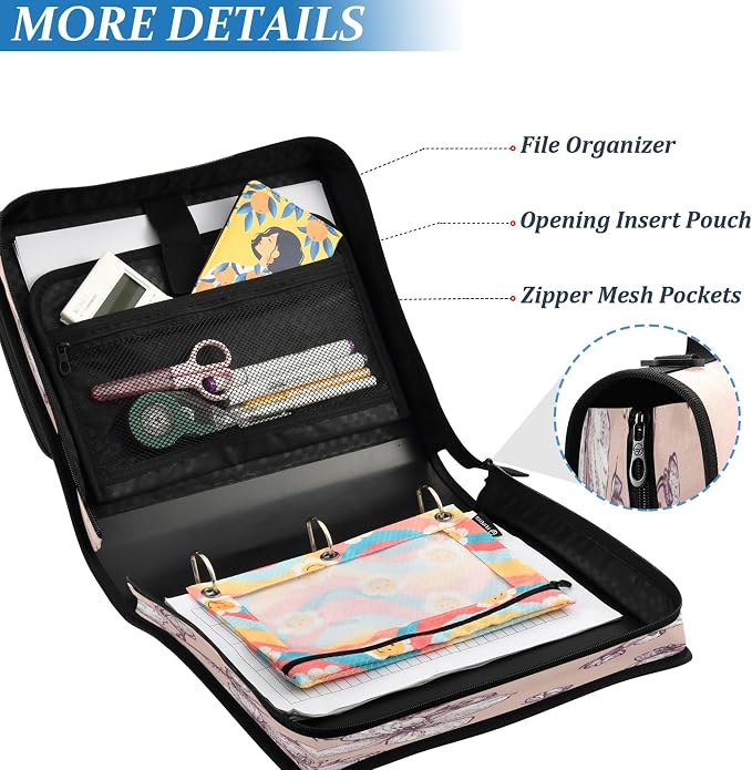 3 Ring Zipper Binder Cherry Blossoms Binder Organizer Portfolio with File and Shoulder Strap & Handle Large Capacity File Folder