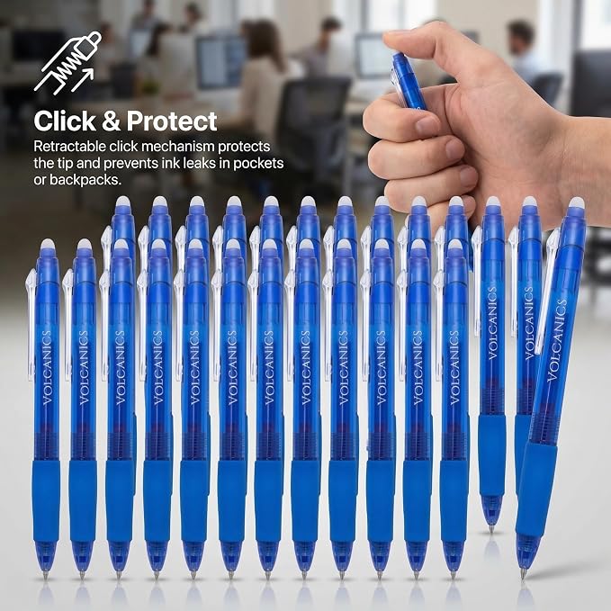Volcanics Retractable Clicker Erasable Gel Pens, Blue Ink, 0.7mm, 36 Pack