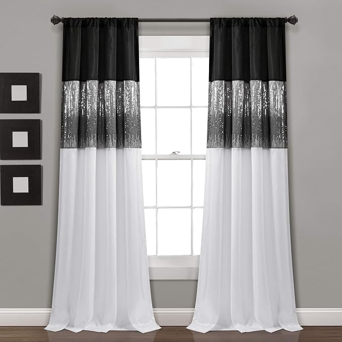 Lush Decor Night Sky Window Curtain Panel, Single, 42" W x 108" L, Black & White - Sequin Curtains - Sparkle & Color Block Design - Modern Glam Decor - Extra Long Curtains For Bedroom & Living Room