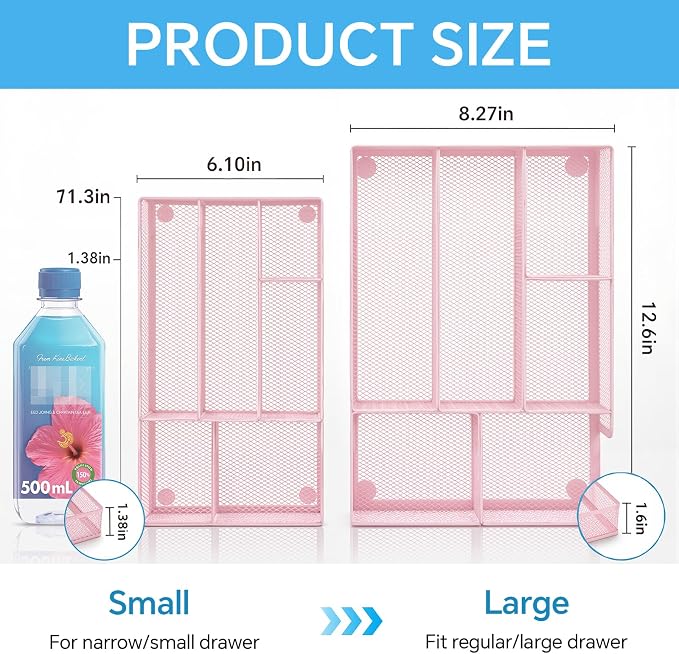 Desk Drawer Organizer, Office Drawer Divider Organizer Tray with 6 Compartments, Metal Mesh Desktop Organization and Accessories for Stationery Makeup Kitchen Toolroom School ＆Office (Large-Pink)
