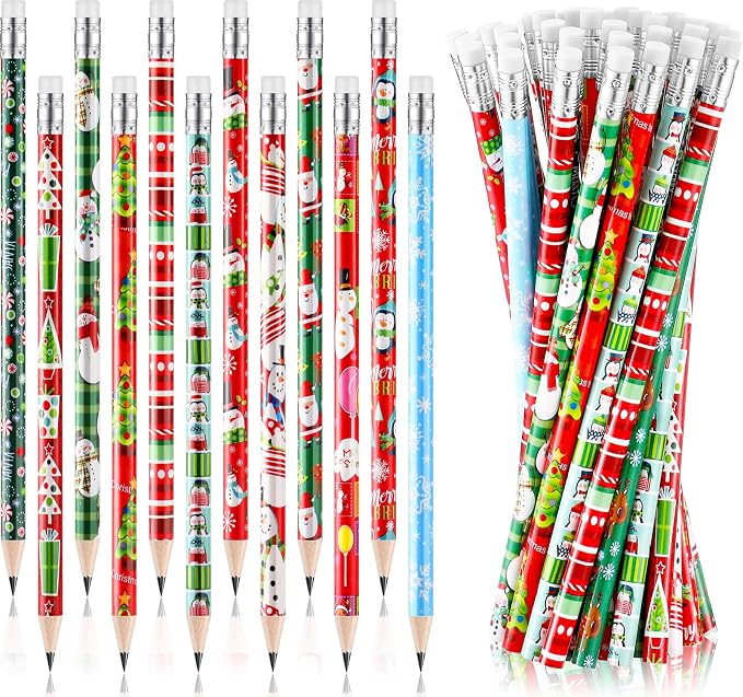 Yexiya 48 Pcs Christmas Pencils Wood with Erasers 12 Designs Bulk