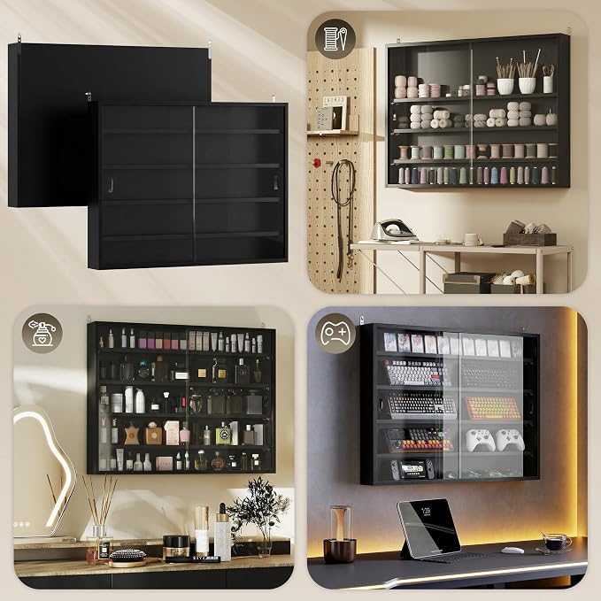 HOMCOM 5-Tier Wall Mounted Display Cabinet Glass Doors 60x80cm Jet Black | Display Case, 4 Adjustable Shelves, for Home Office Ornaments