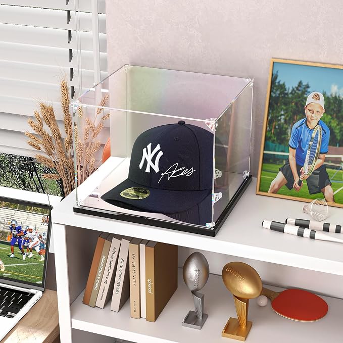 KOLIPI Hat Display Case for Baseball Caps, Acrylic Box 8.7x7.9x7.1 in | Baseball Cap Display Case for Snapback Hats Mini Helmets, Mirror Base, Dustproof, Stable and Stackable, Assembly Required