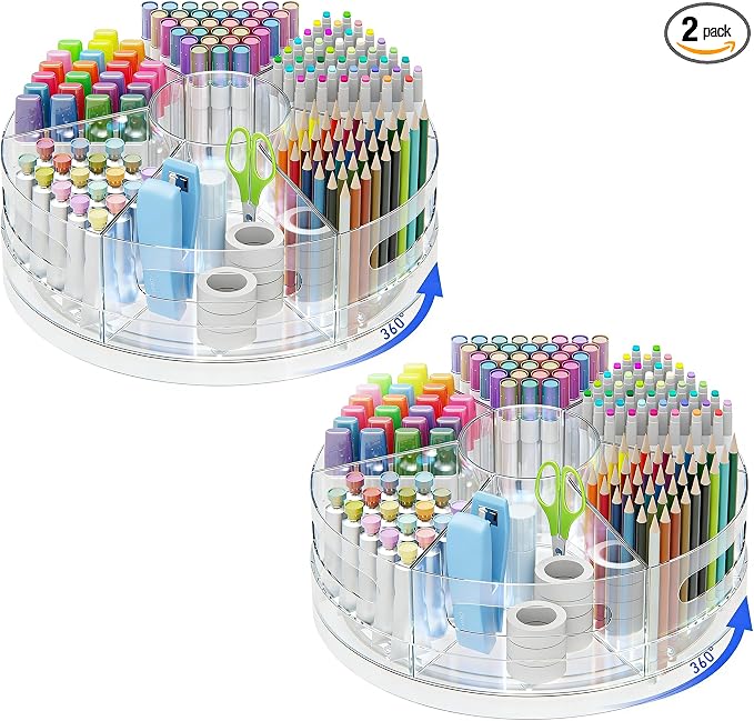 CraftGenes 2 Packs Pen Organizer for Desk - Acrylic Pen Holder with Hand Grips, 360° Extra Large Rotating Desk Organizer with 7 Removable Compartments for Office, Home, and Makeup Storage