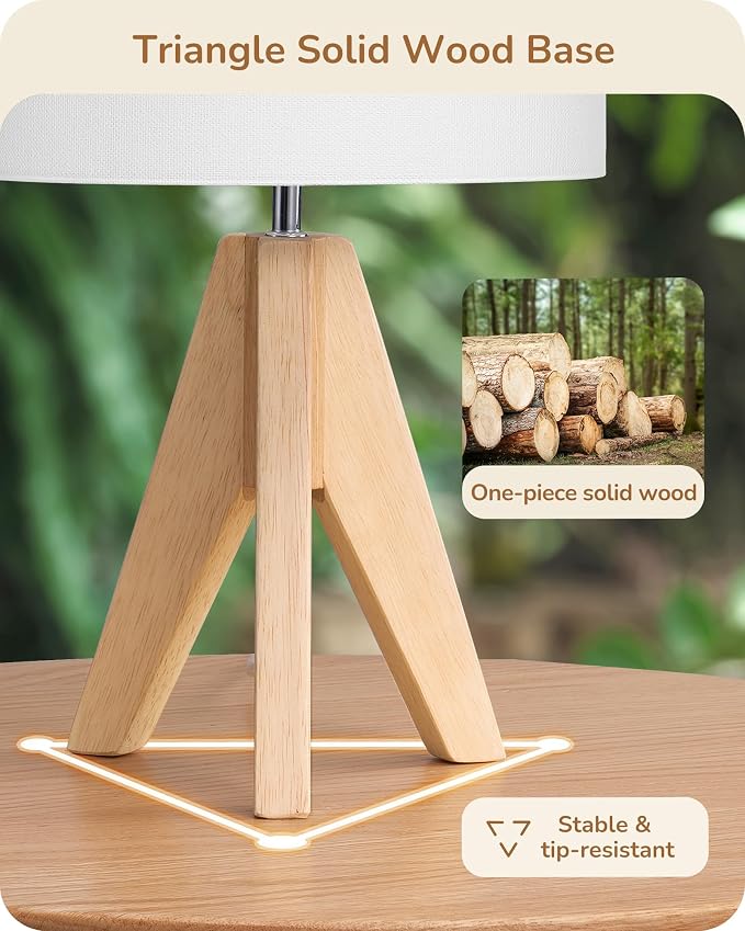 EDISHINE Small Cute Table Lamp, Wood Tripod Nightstand Lamp, 14.2 Inch | ON/Off Switch, E26 Socket, Linen Fabric Shade, Mid Century Bedside Lamp for Nursery, Living Room, Bedroom, End Table