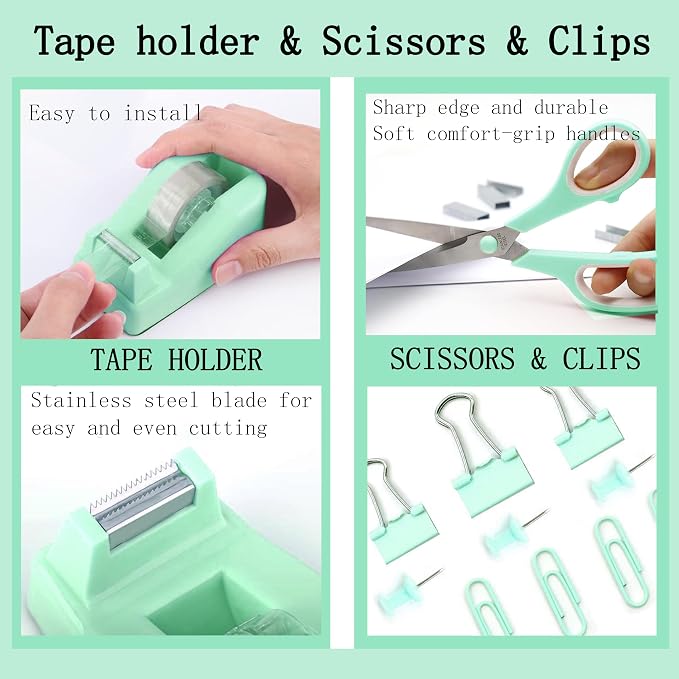 Green Office Desk Accessories Supplies, 12pcs Desk Organizers and Accessories with Tape dispenser and Stapler,Staples,Staple Remover,Pen Holder,Scissor,Ruler,Sticky Tabs,Tape,Ballpoint Pen,Clips Set