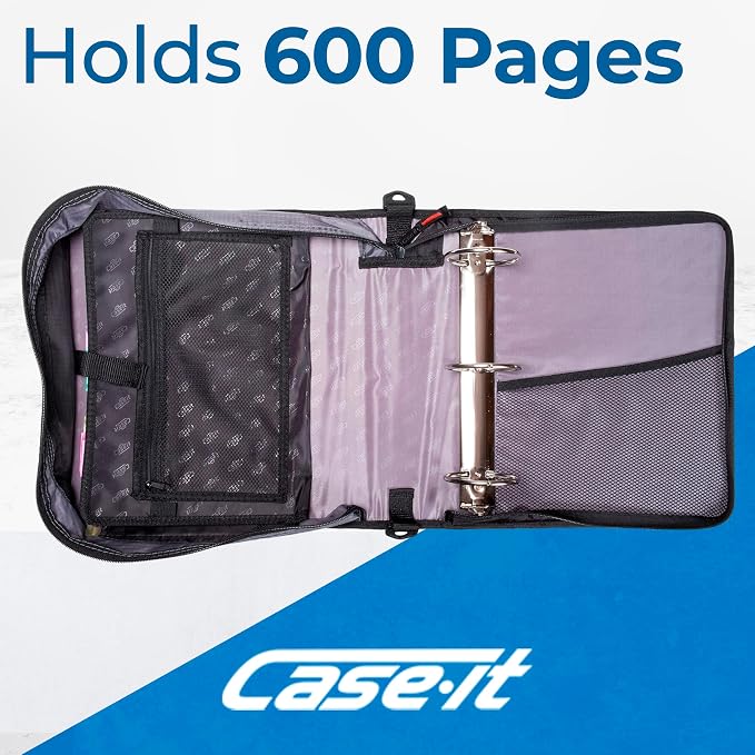 Case-it The Mighty Zip Tab Zipper Binder - 3 Inch O-Rings - 5 Color Tab Expanding File Folder - Multiple Pockets - 600 Sheet Capacity - Comes with Shoulder Strap - Jet Black D-156-N (Pack of 3)