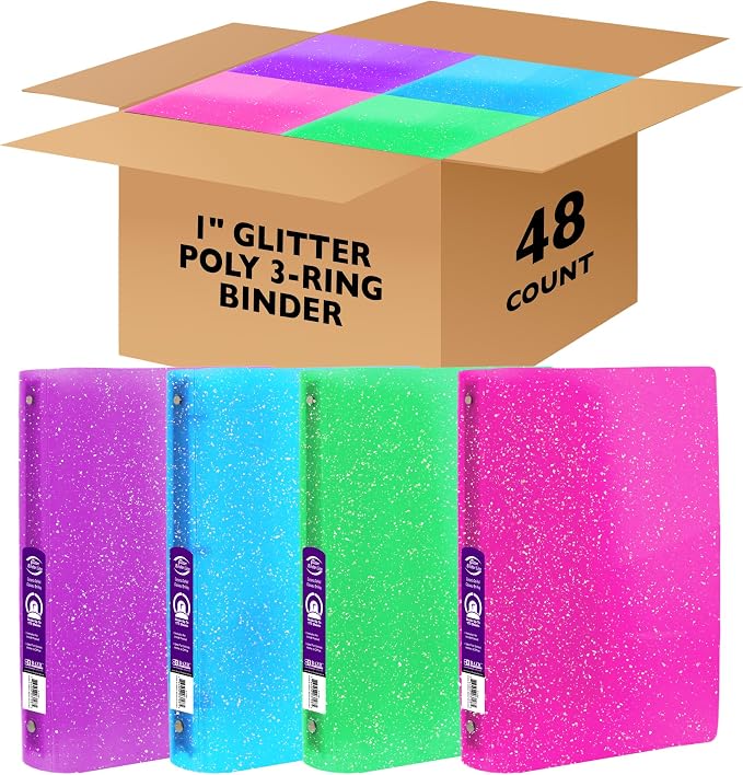 BAZIC Products 1" Glitter Poly 3-Ring Binder, 1 Pocket, 48-Case | round rings, 1 in glitter poly 3-ring binder, 1 inside pocket, holds up to 175 sheets, Durable poly