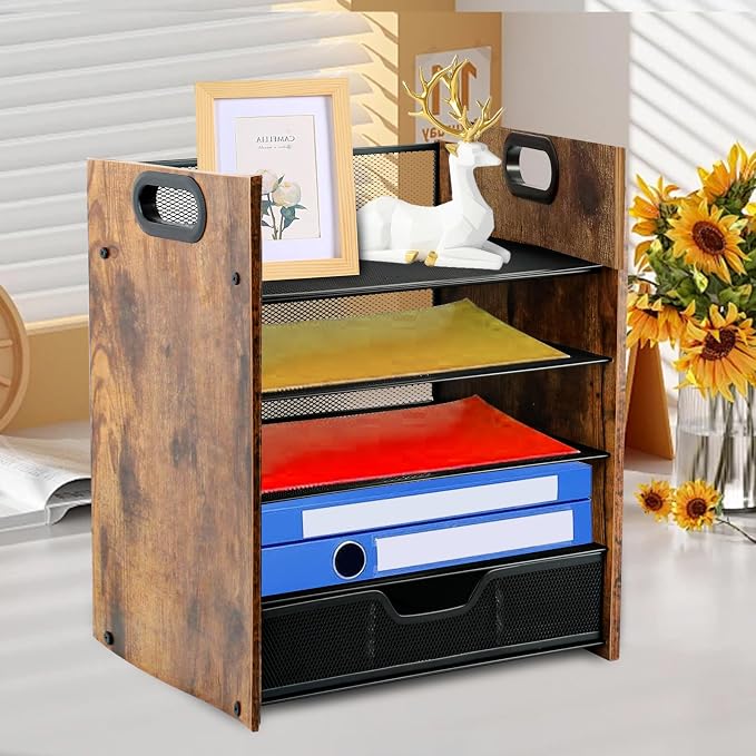 Desk Organizer, 5-Tier Desktop File Organizer with Drawer, Wooden Paper Tray Organizer, Office Desk Organzier and Accessories for Papers, Mail, Notebooks, Stationery