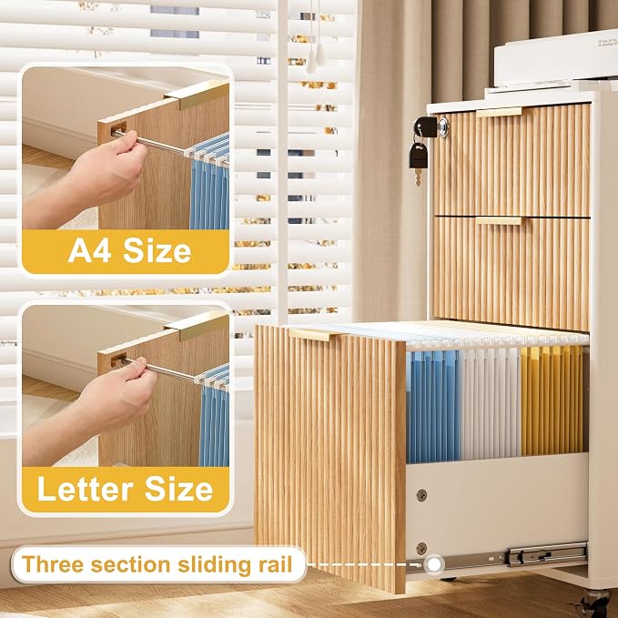 3 Drawers Fluted Mobile File Cabinet with Lock, Rolling File Cabinet Printer Stand Table, Under Desk Wooden Filing Cabinets for Home Office Essentials Storage Organization Furniture Letters/A4(Oak)