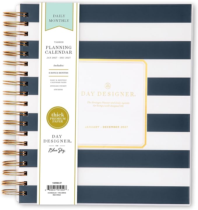 Blue Sky 2027 Daily & Monthly Planner Calendar, 8"x10", Rugby Stripe Black