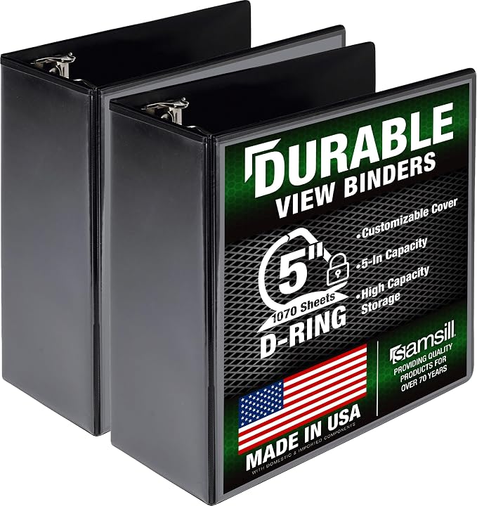 Samsill Durable 5 Inch 3 Ring Binder, D Ring Binder, Customizable Clear View, Black, 2-Pack, Holds 1070 Pages