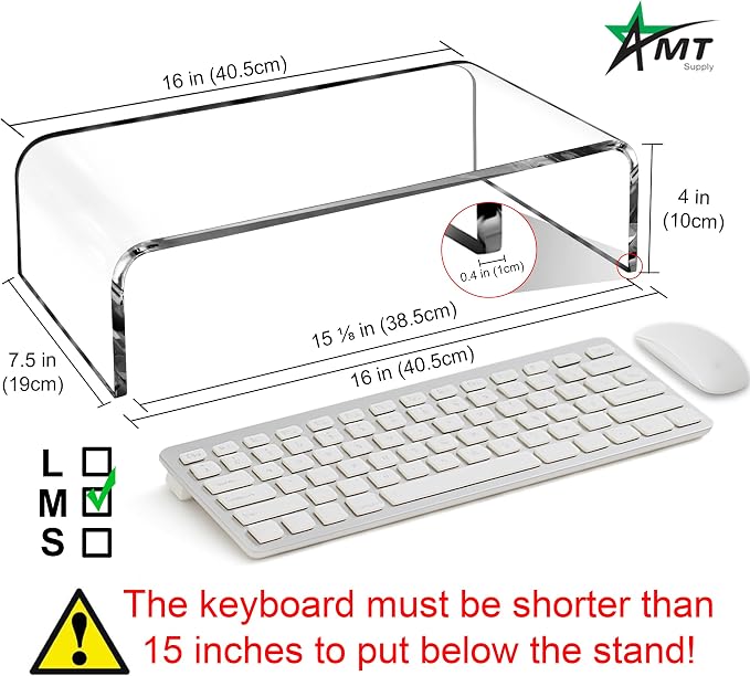 AMT 16 Inch Acrylic Laptop Monitor Stand, Computer Riser with Cat Keyboard Protector, Space-Saving Design, Extra Storage, Clear Shelf - Ideal for Monitors, Laptops, Printers, Desktop Decor