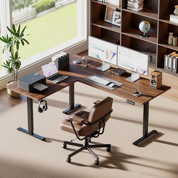 Agilestic 63 x 48 Inch L Shaped Standing Desk with Powerstrip, Dark Walnut | Outlets, Cable Management, Corner Desk, Ample Workspace, Memory Presets, Hooks, Stable Steel Frame,176 lbs, Splice Board