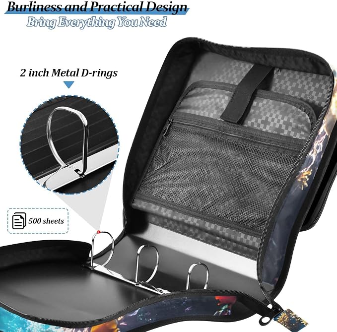 3 Ring Zipper Binder with Shoulder Strap Underwater Fish Ocean Nautical Coastal 2 Inch Zippered Binder Bag 500 Sheet Capacity Multi Pockets for School Supplies