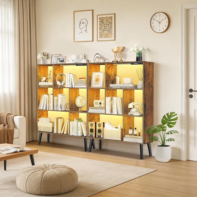 7-Cube Bookshelf with LED Lights, Touch & Remote Control, Freestanding Open Bookcase Storage Shelf, Dimmable Modern Wooden Display Organizer with Legs for Living Room, Bedroom (Rustic Brown)