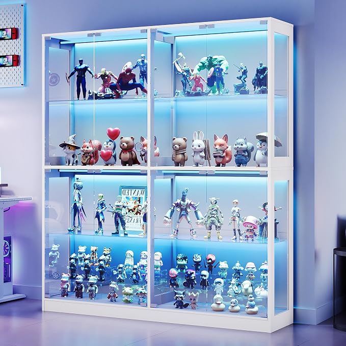 AMERLIFE 60-Inch RGB Display Cabinet with Glass Shelves | 70 H x 60 W x 16 D In, 4-Tier Storage, RGB LED Lights, Press-to-Open Doors, for Collectibles, White