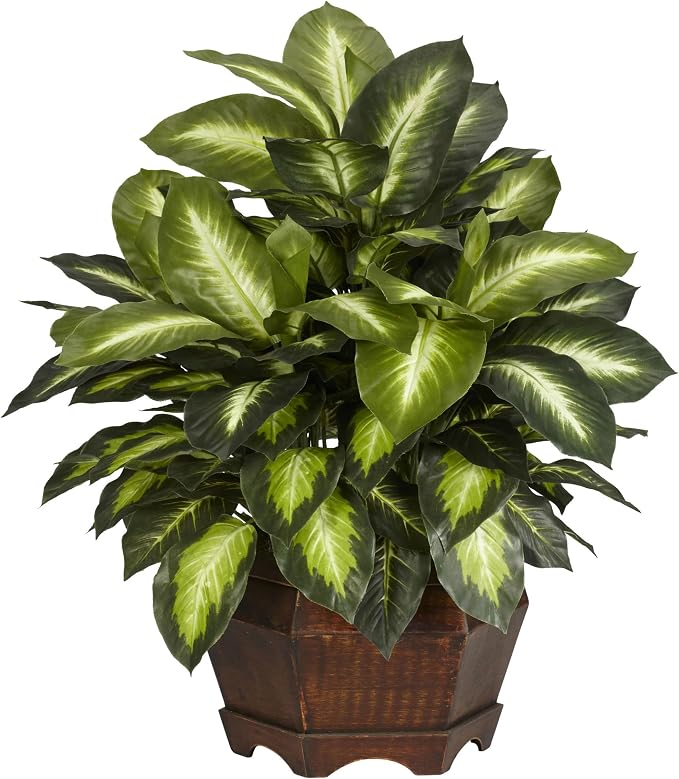 Nearly Natural 24 in Artificial Golden Dieffenbachia Plant with Pot | Variegated Foliage Silk Plant, Modern Hexagon Planter, Maintenance-Free Indoor Faux Greenery, Room Decor