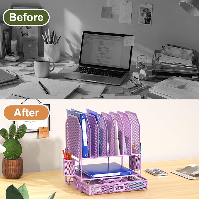 FANXIYQ Metal Desk Organizer with Sliding Drawer, 7-Section File Organizer for Desk, Desktop File Folder & Paper Organizer with 2 Hanging Pen Holders, Office Supplies Organizer, Purple