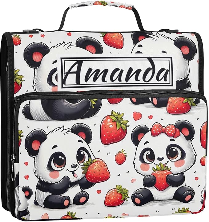 Custom 3 Ring Zipper Binder Panda Red Strawberry Personalized Name 1.5 inch Binders Large Capacity Multi Pockets for School Office Supplies
