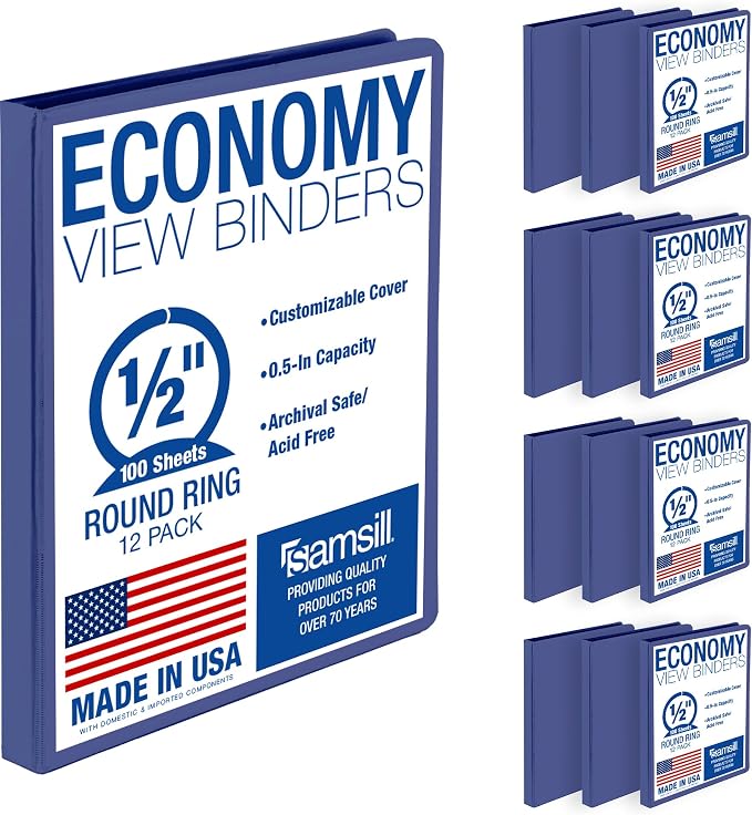 Samsill 0.5 Inch 3 Ring Binders, Economy Round Ring, Clear View Cover, 100 Sheet Capacity - for School, Home, Office - Blue, 12 Pack