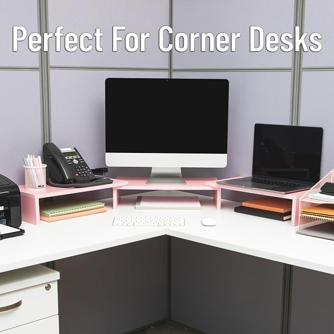 Mind Reader Dual Monitor Stand, Desktop Organizer, Laptop Riser, Office, MDF, 51.25"L x 9.25"W x 4.75"H, Pink