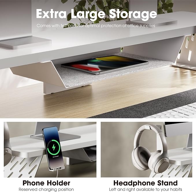 Fenge Dual Monitor Stand, Wooden Desk Shelf with Headphone & Phone Holder | 42.5" Monitor Riser with Storage Shelf, 2-Tier Monitor Shelf with Metal Leg for Home Office Organizer, White