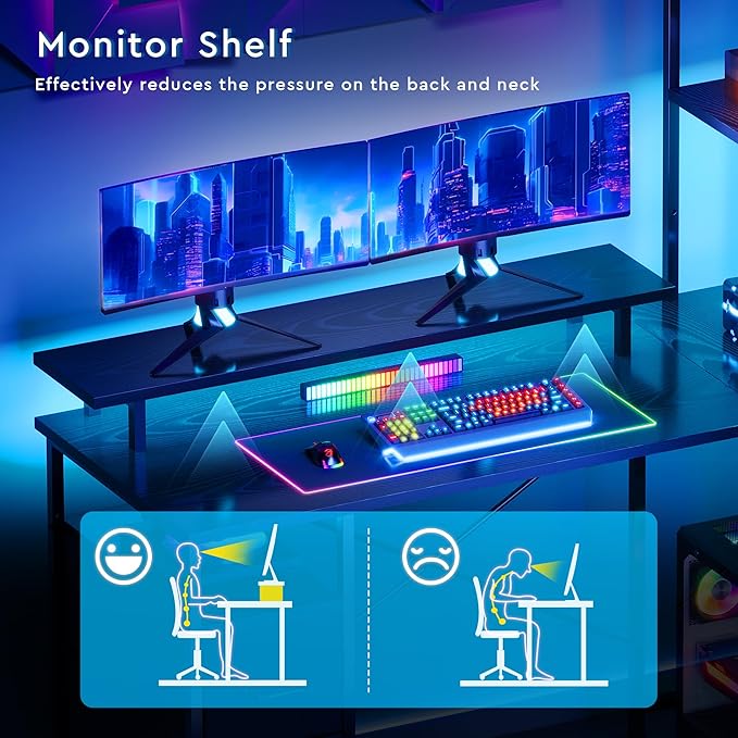 L Shaped Gaming Desk, Reversible with LED Lights, Shelves, Charging, Black | Reversible, LED lights, Charging, Monitor stand