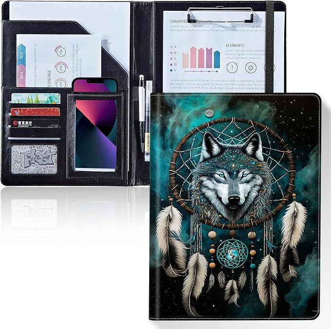 Padfolio/Portfolio Folder Clipboard,Padfolio Clipboard,Writing Portfolio Leather with Cover for Card Holder Slot Letter Size A4 for Office Conference Notepad Clip Boards,Dream Catcher Wolf