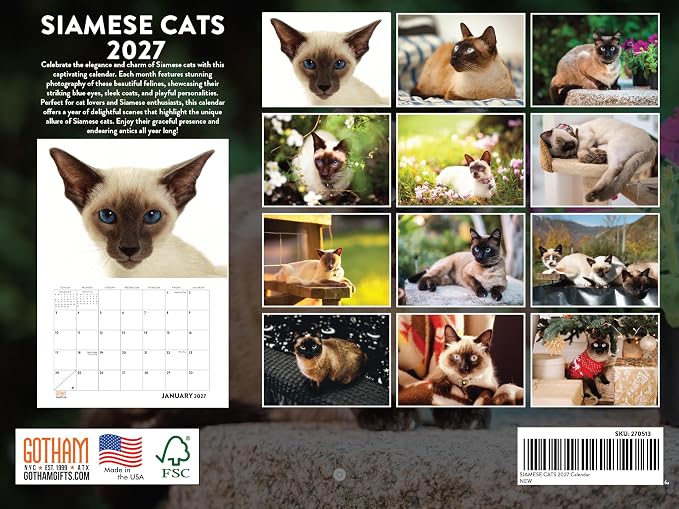 Siamese Cat Calendar 2027 Monthly Wall Calender 12 Month