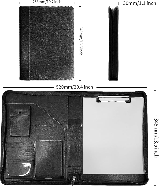 WRIYES Zippered Padfolio Organizer, 10.2 Inch Portfolio Folder, Black | Leather Planner Binder, For Documents, Letter Size, Business Card Holder, For Men&Women
