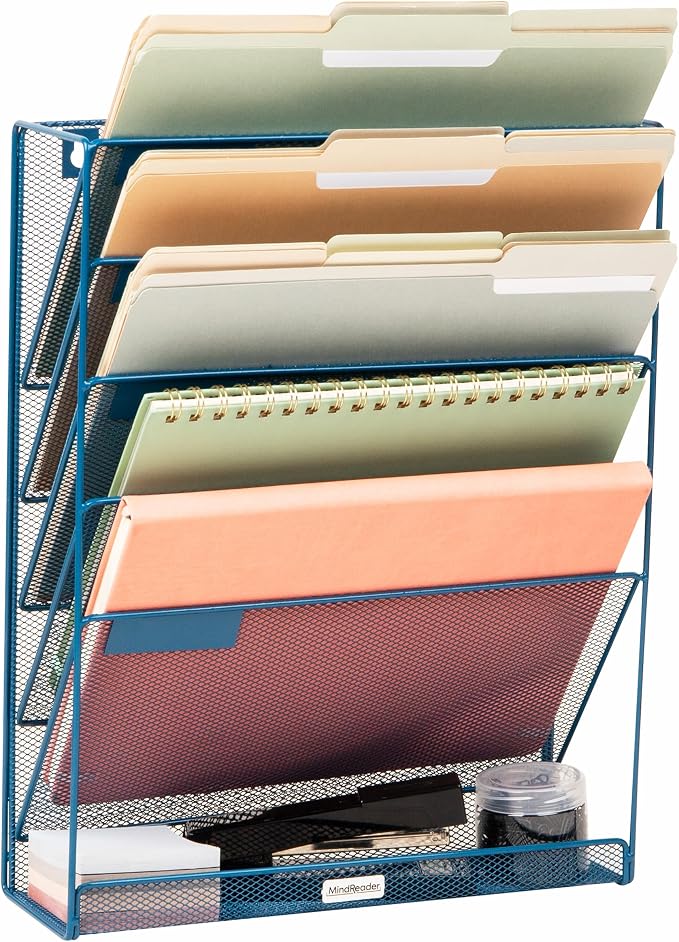 Mind Reader 5-Pocket Vertical File Storage, Desktop Organizer, Wall Mount, Office, Metal Mesh, Turquoise