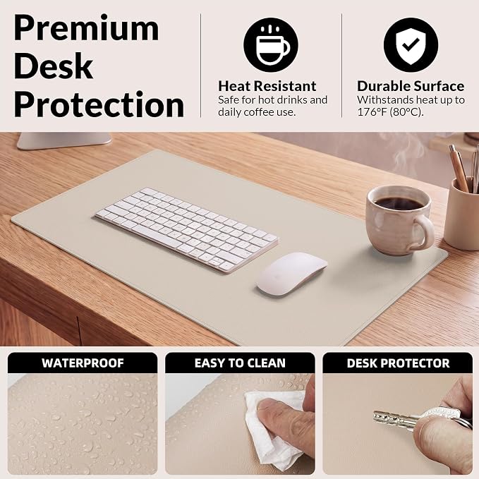 AFIING Desk Mat, Beige, 23.6" x 13.8", Desk Pad Protector | Dual-Sided Cork & PU Leather, Waterproof, Non-Slip for Mouse, Writing, Home Office, Study & Laptop